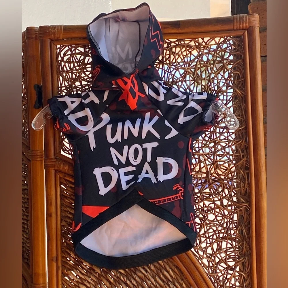 “Punk’s Not Dead” Black Graphic Hoodie White & Red Text Small Dog Halloween